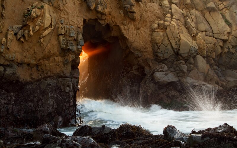 Ocean Waves at Cave Entrance — Brown, Dramatic, Sunset