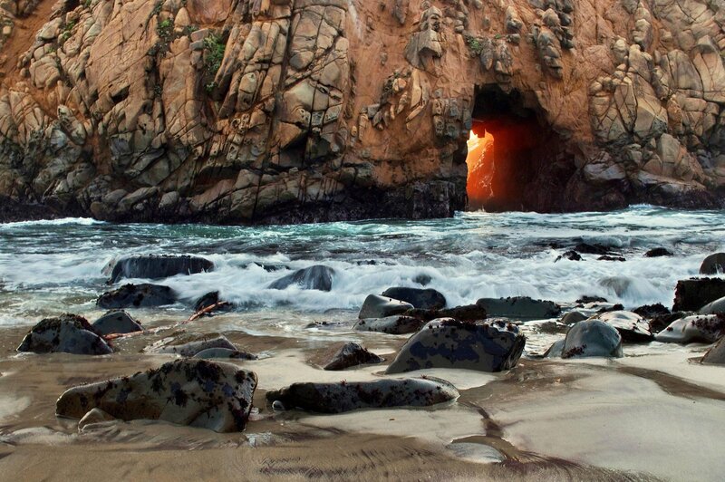Ocean Waves at Cave Entrance — Brown, Dramatic