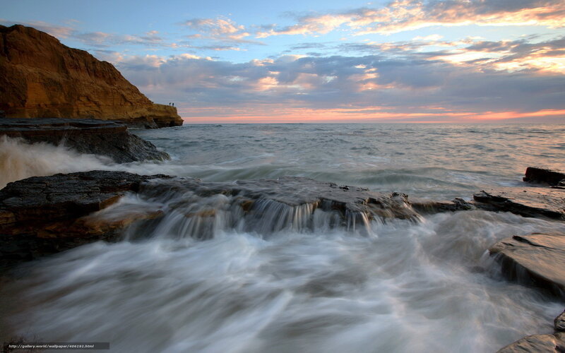 Ocean Waves at Cliff — Blue, Dramatic, Sunset, Photograph
