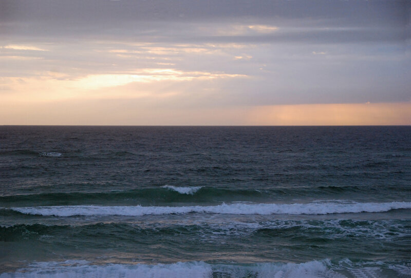 Ocean Waves at Dusk — Blue, Calm, Sunset, Photograph, Sky, Clouds, Gray