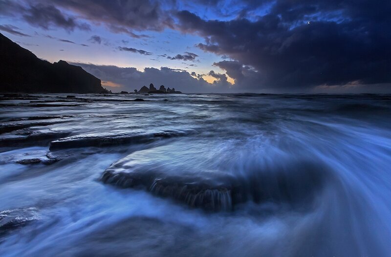 Ocean Waves at Dusk — Blue, Dramatic, Night, Photograph, Clouds