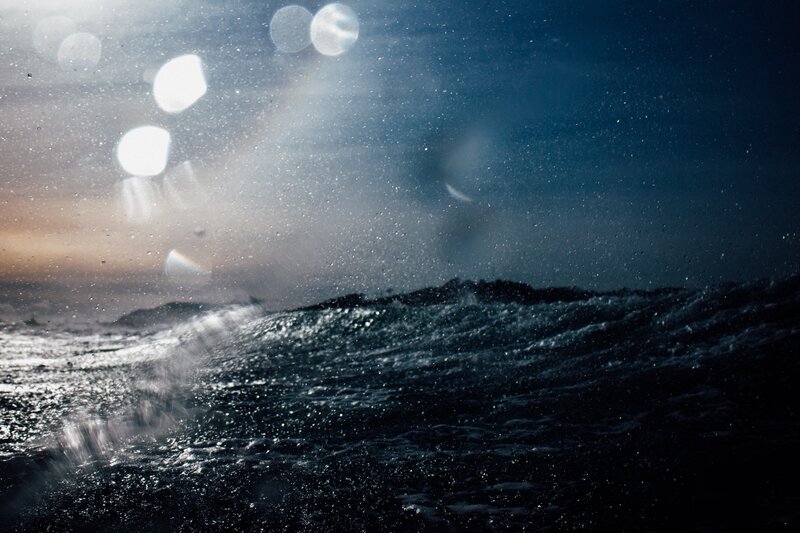 Ocean Waves at Dusk — Blue, Dramatic, Sunset, Photograph, Sky