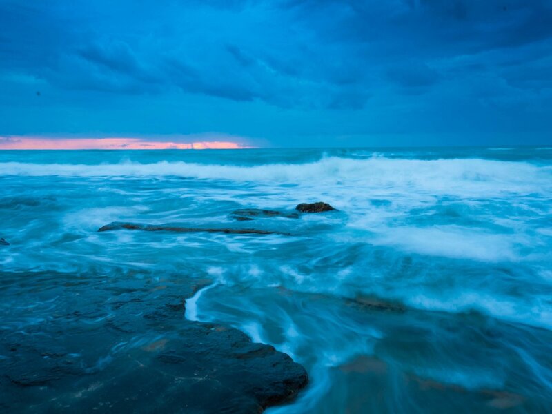 Ocean Waves at Dusk — Blue, Dramatic, Sunset