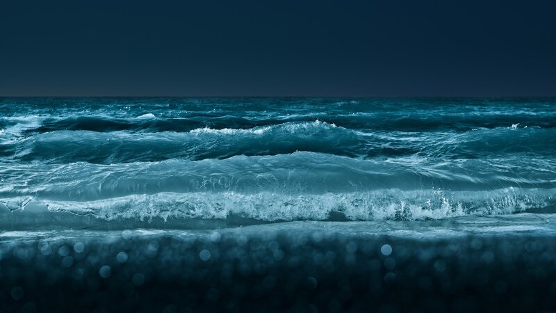 Ocean Waves at Night — Blue, Dark, Photograph, Sea, Sky
