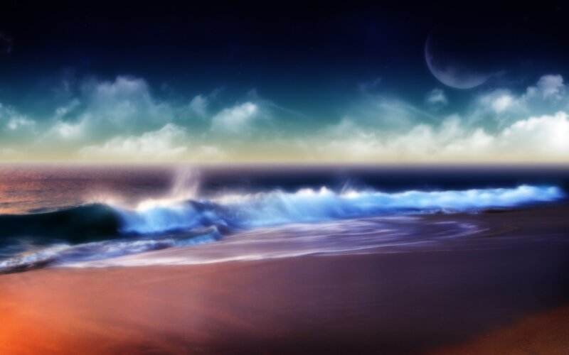 Ocean Waves at Night — Blue, Dramatic, Digital Art, Moon, Clouds