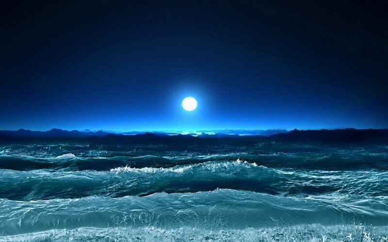 Ocean Waves at Night — Blue, Dramatic, Digital Art, Moon, Mountains, Sea