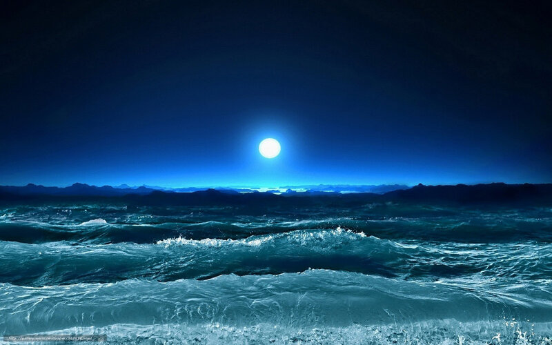 Ocean Waves at Night — Blue, Dramatic, Digital Art, Moon, Mountains