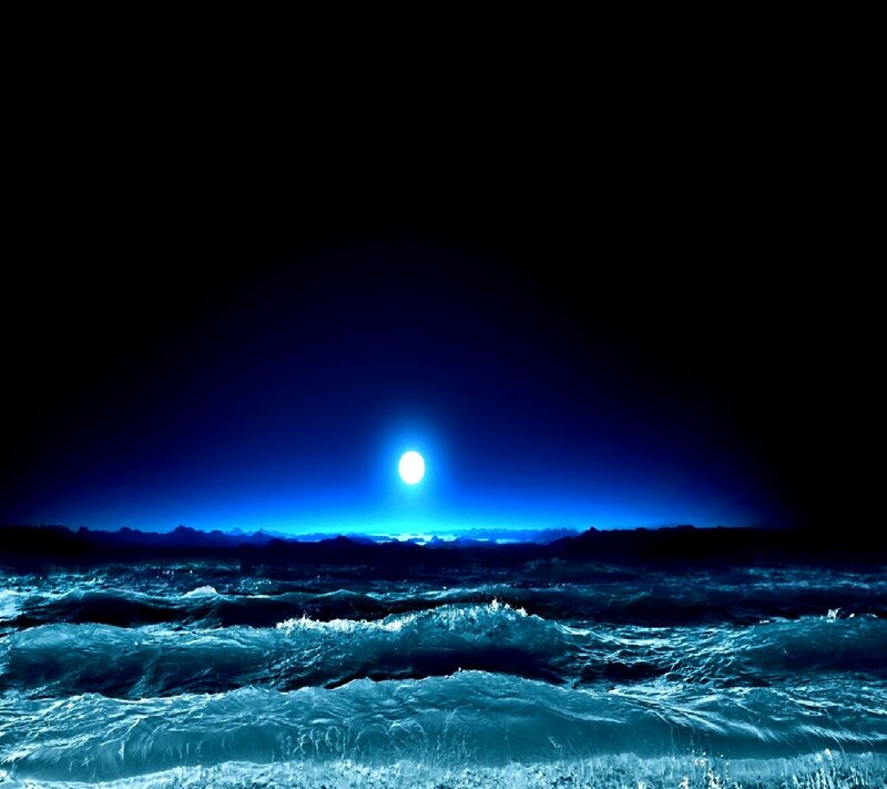Ocean Waves at Night — Blue, Dramatic, Digital Art, Moon