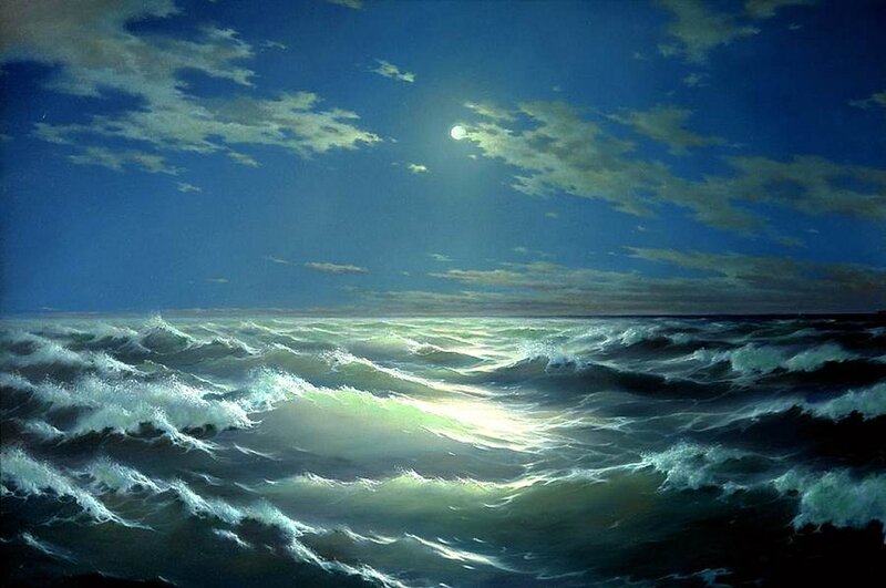 Ocean Waves at Night — Blue, Dramatic, Painting, Moon, Clouds
