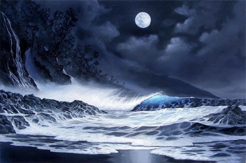 Ocean Waves at Night — Blue, Dramatic, Painting, Moon