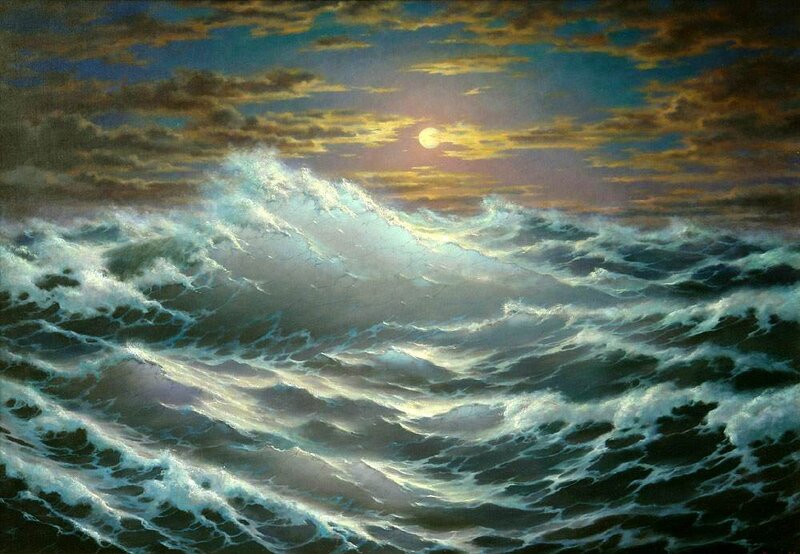 Ocean Waves at Night — Blue, Dramatic, Painting