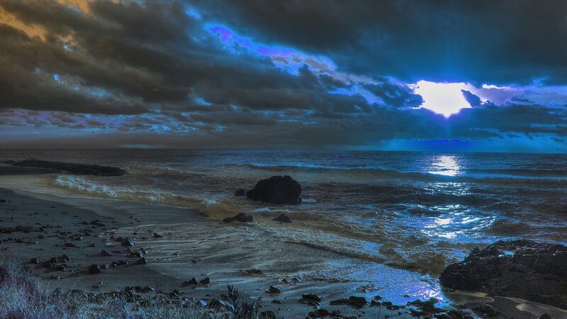 Ocean Waves at Night — Blue, Dramatic, Photograph, Clouds