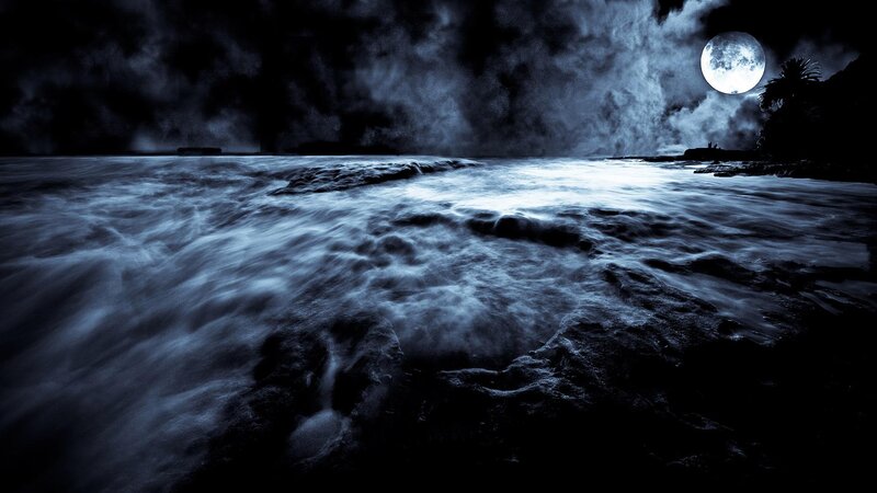 Ocean Waves at Night — Blue, Dramatic, Photograph, Moon, Clouds