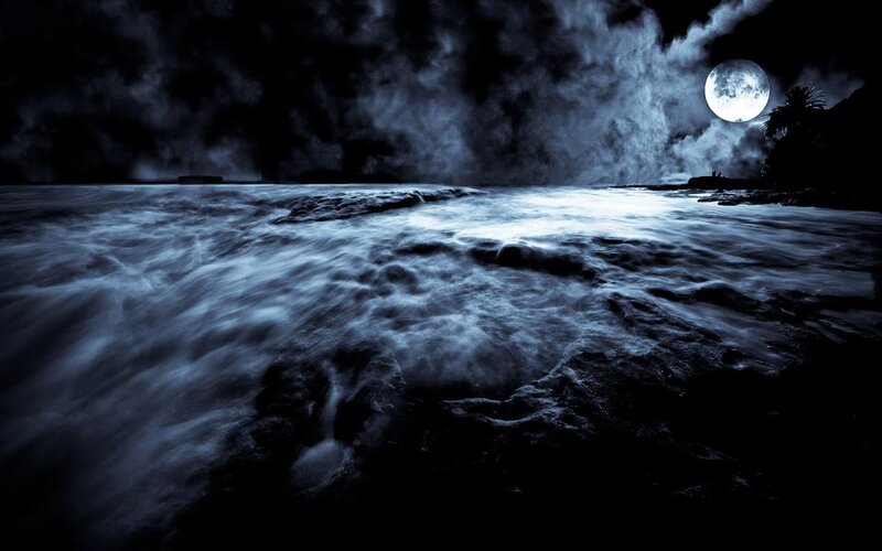 Ocean Waves at Night — Blue, Dramatic, Photograph, Moon