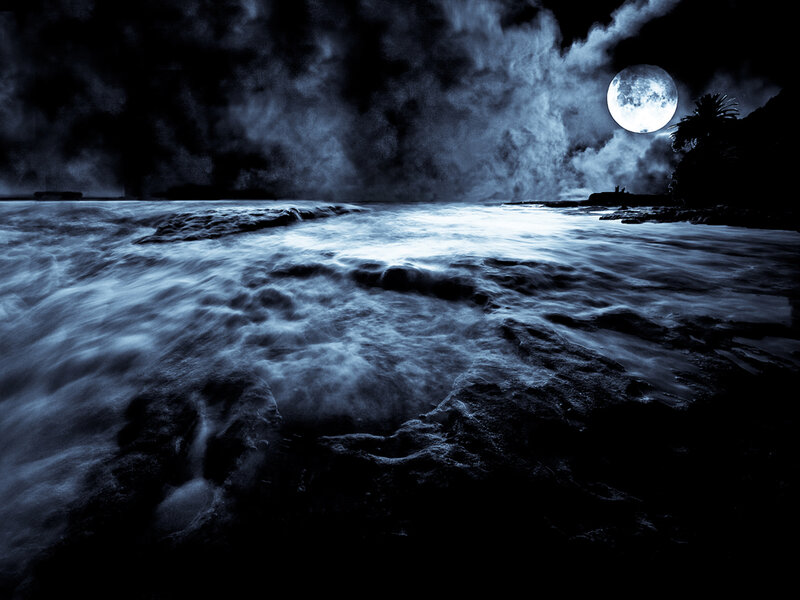Ocean Waves at Night — Blue, Dramatic, Photograph