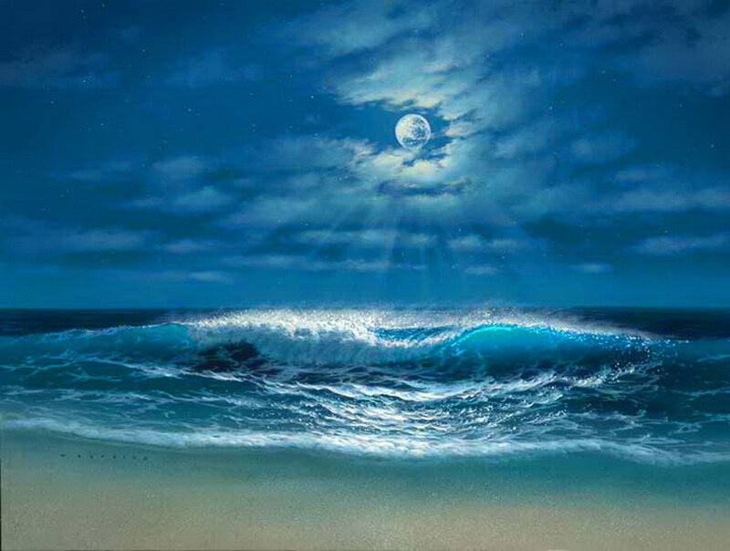 Ocean Waves at Night — Blue, Serene, Painting