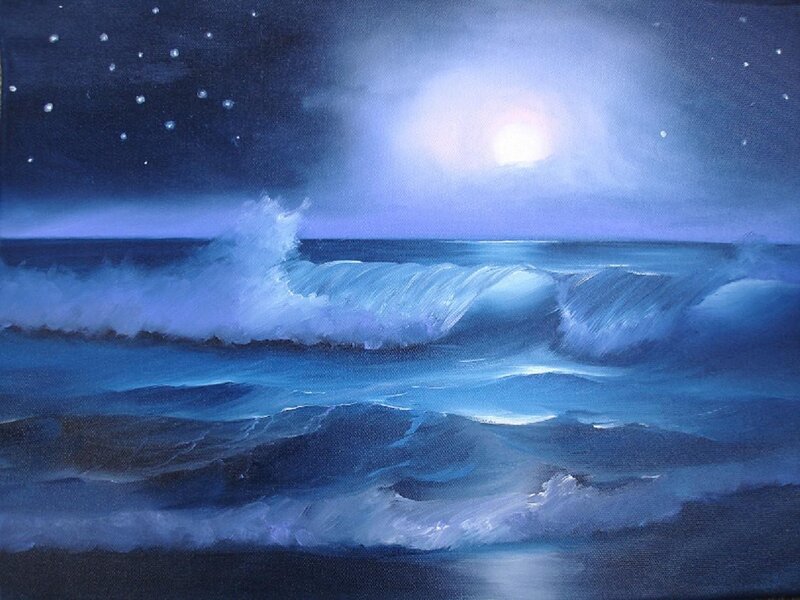 Ocean Waves at Night — Blue, Serene