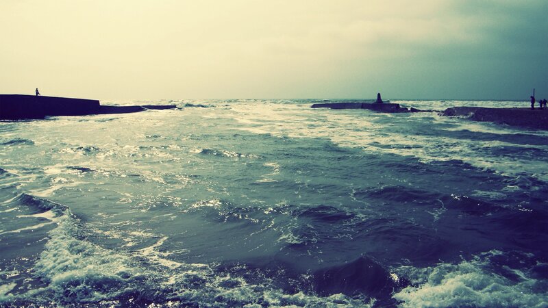 Ocean Waves at Pier — Blue, Dramatic, Photograph, People