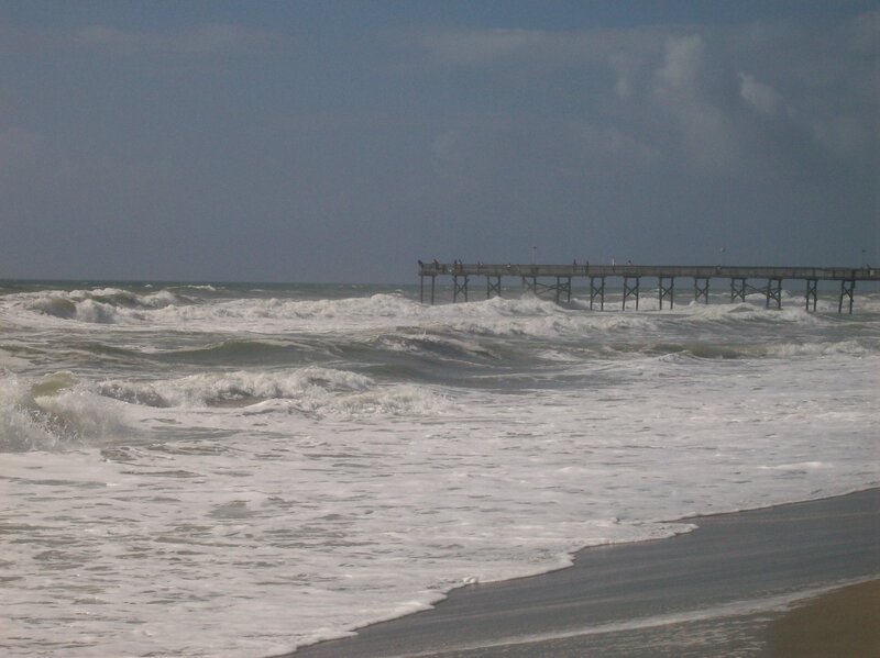 Ocean Waves at Pier — Blue, Dramatic, Photograph