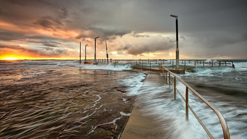 Ocean Waves at Pier — Orange, Dramatic, Sunrise