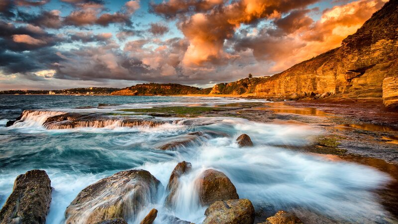 Ocean Waves at Rocky Shore — Blue, Dramatic, Sunset, Photograph, Cliffs