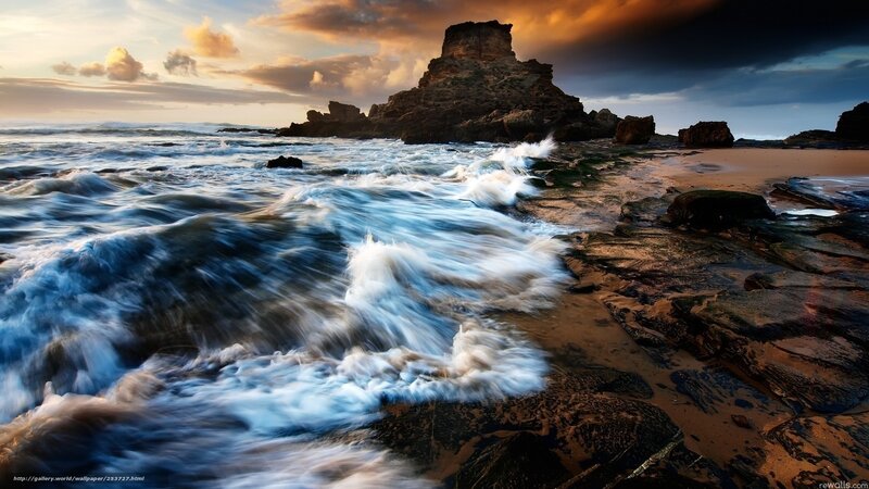 Ocean Waves at Rocky Shore — Blue, Dramatic, Sunset, Photograph, Rocks, Sand