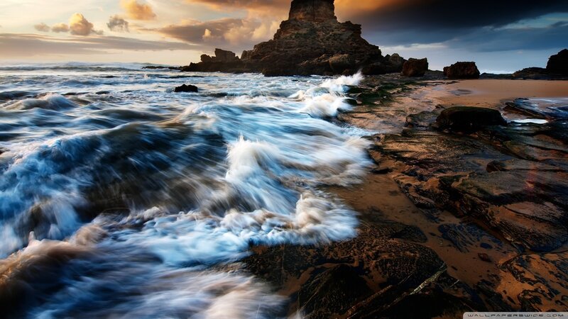Ocean Waves at Rocky Shore — Blue, Dramatic, Sunset, Photograph, Rocks