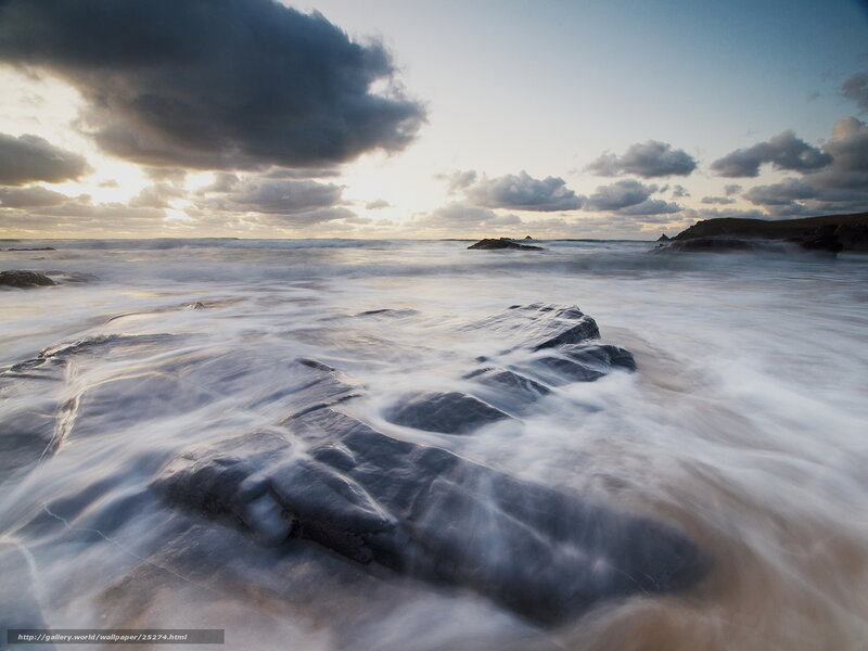 Ocean Waves at Rocky Shore — Blue, Dramatic, Sunset, Photograph
