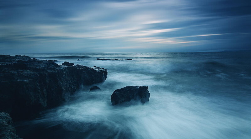 Ocean Waves at Rocky Shore — Blue, Serene, Night