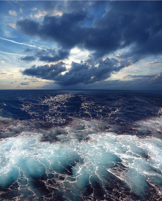Ocean Waves at Sea — Blue, Dramatic, Sunset, Photograph, Clouds, Sky