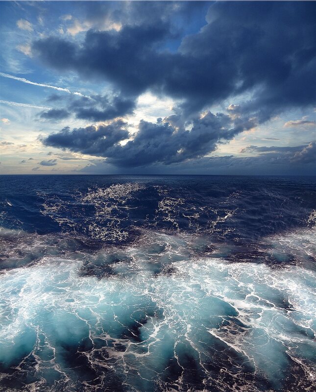 Ocean Waves at Sea — Blue, Dramatic, Sunset, Photograph, Clouds