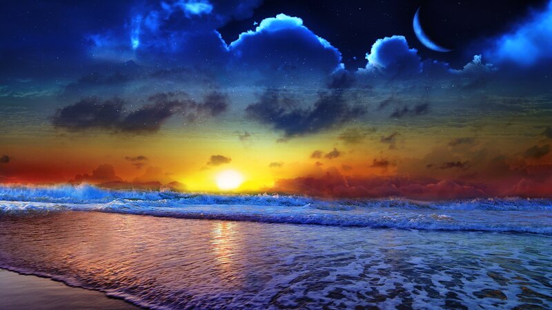 Ocean Waves at Sunset — Blue, Dramatic, Digital Art, Moon
