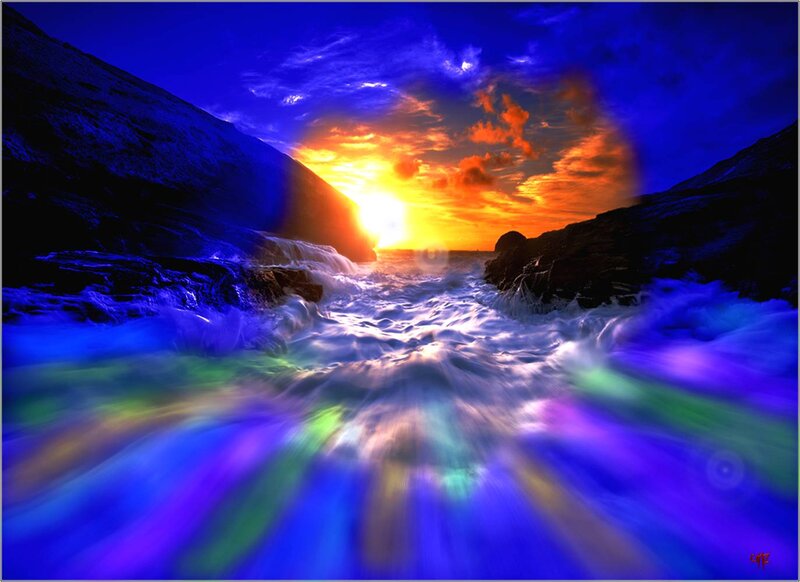 Ocean Waves at Sunset — Blue, Dramatic, Digital Art, Mountains