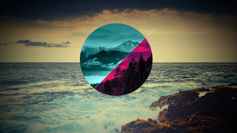 Ocean Waves at Sunset — Blue, Dramatic, Digital Art, Mountains, Trees