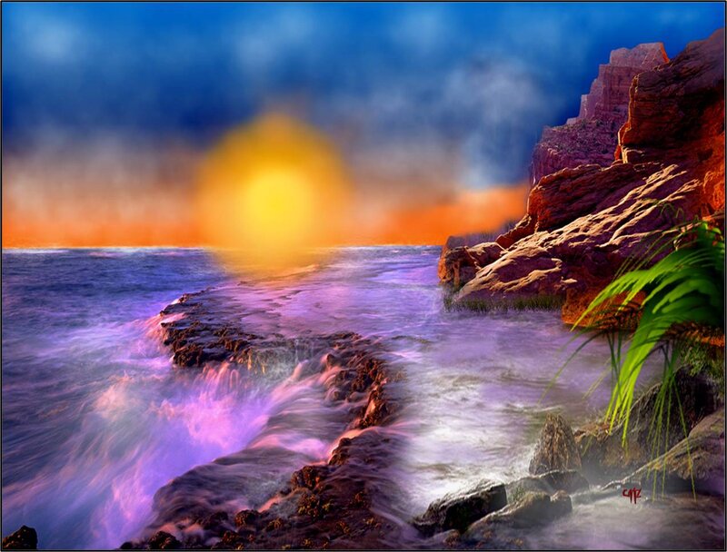 Ocean Waves at Sunset — Blue, Dramatic, Digital Art, Rocks