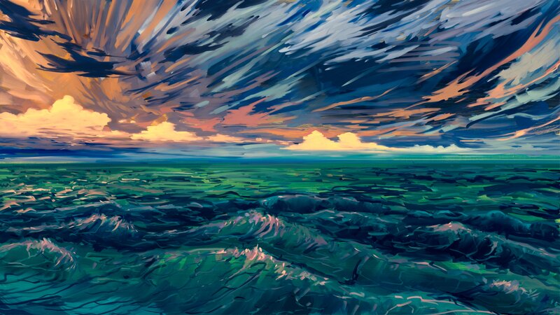Ocean Waves at Sunset — Blue, Dramatic, Digital Art, Sky
