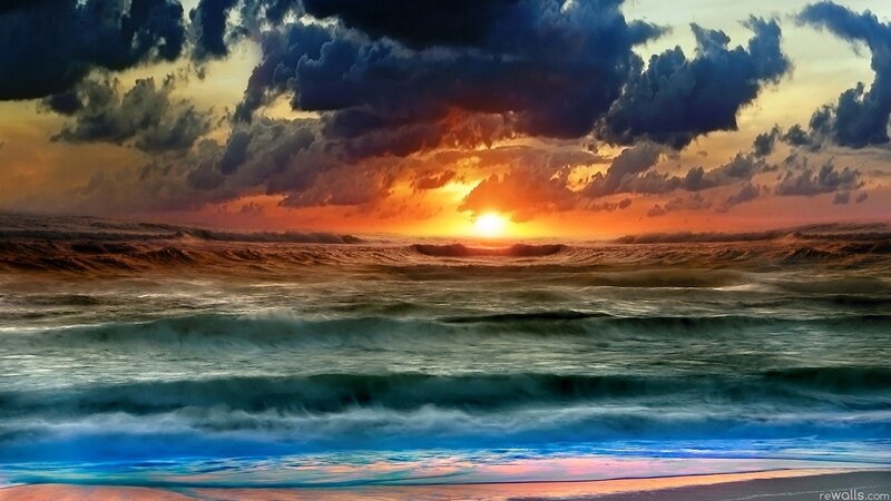 Ocean Waves at Sunset — Blue, Dramatic, Digital Art, Sun, Clouds, Beach, Orange