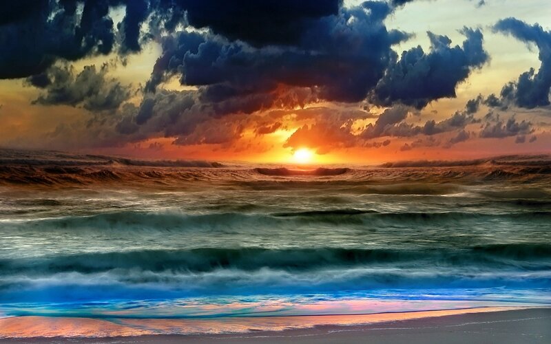 Ocean Waves at Sunset — Blue, Dramatic, Digital Art, Sun, Clouds, Beach