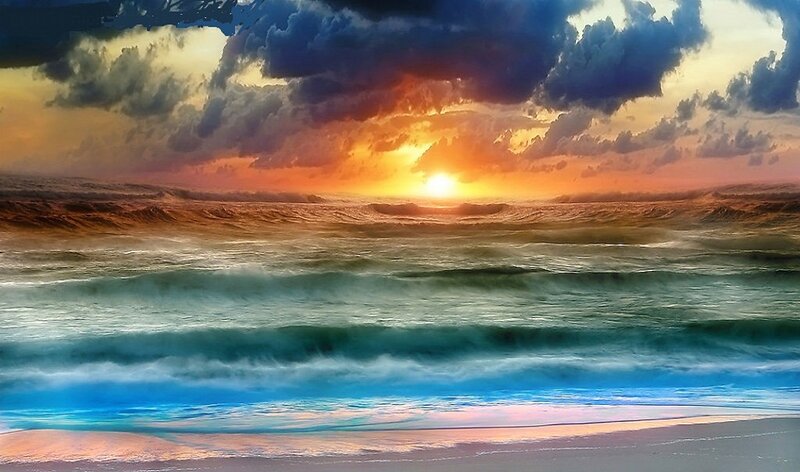 Ocean Waves at Sunset — Blue, Dramatic, Digital Art, Sun, Clouds