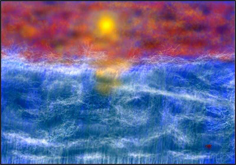 Ocean Waves at Sunset — Blue, Dramatic, Digital Art, Sun, Sky