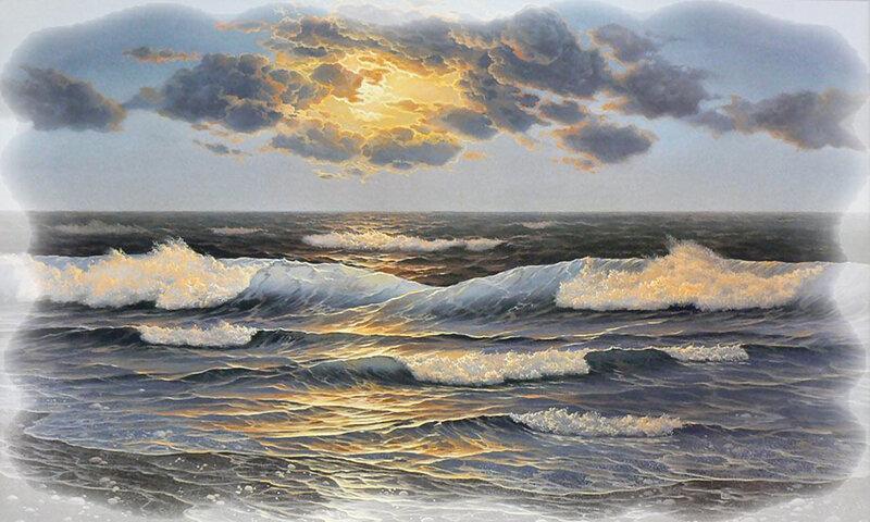 Ocean Waves at Sunset — Blue, Dramatic, Painting, Clouds