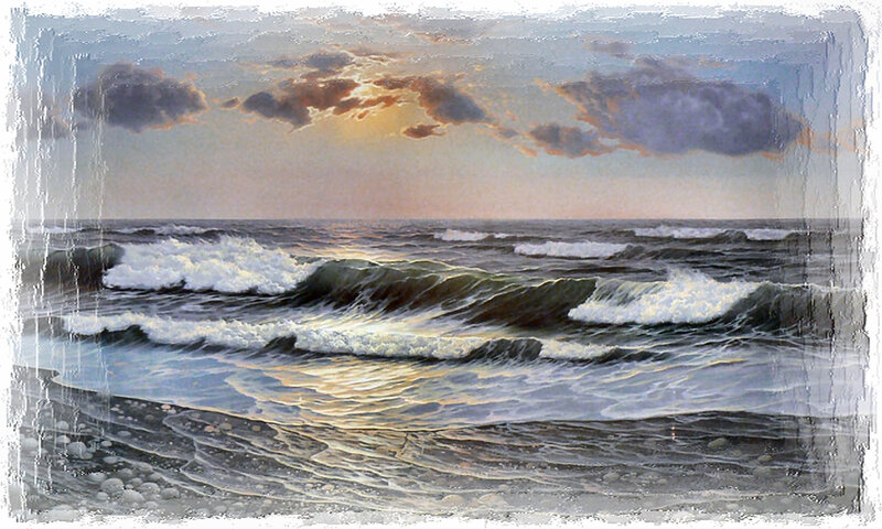 Ocean Waves at Sunset — Blue, Dramatic, Painting, Sea