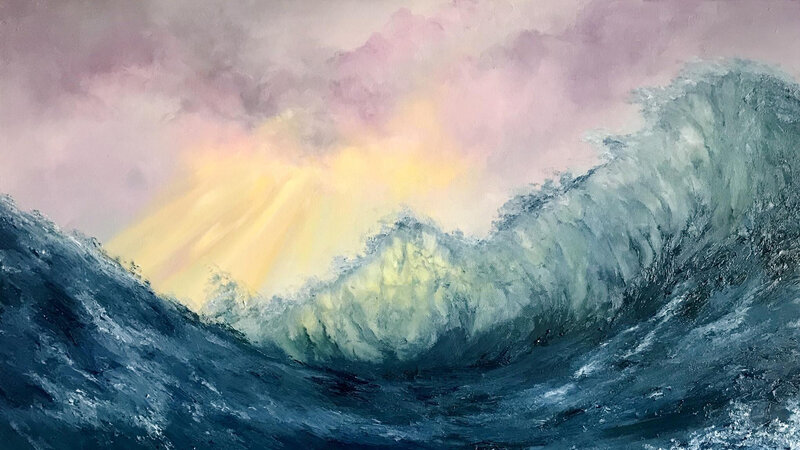 Ocean Waves at Sunset — Blue, Dramatic, Painting, Sky, Sunlight, Clouds