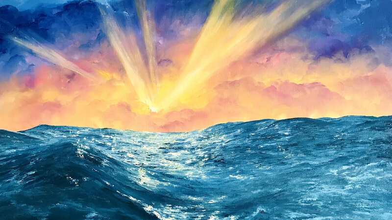 Ocean Waves at Sunset — Blue, Dramatic, Painting, Sky, Sunlight