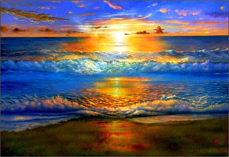 Ocean Waves at Sunset — Blue, Dramatic, Painting, Sky