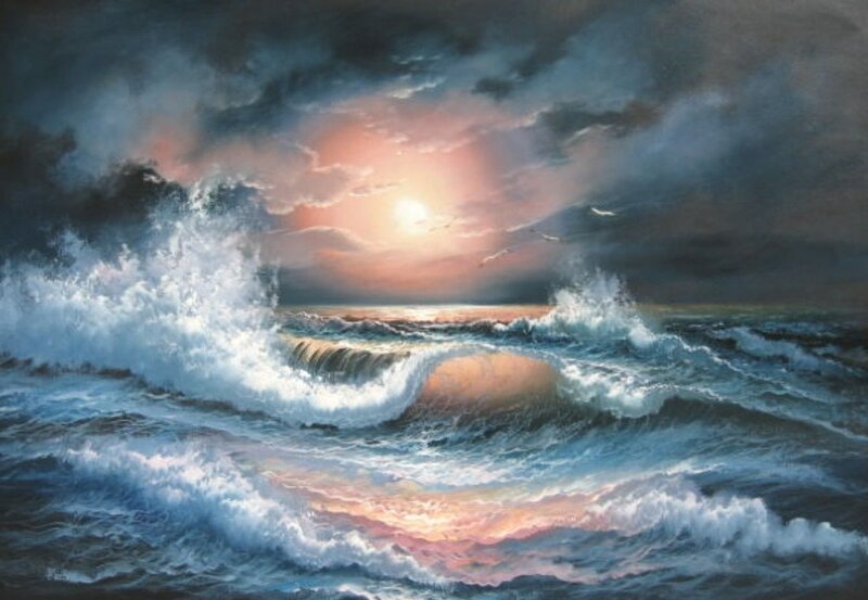 Ocean Waves at Sunset — Blue, Dramatic, Painting, Sun, Clouds