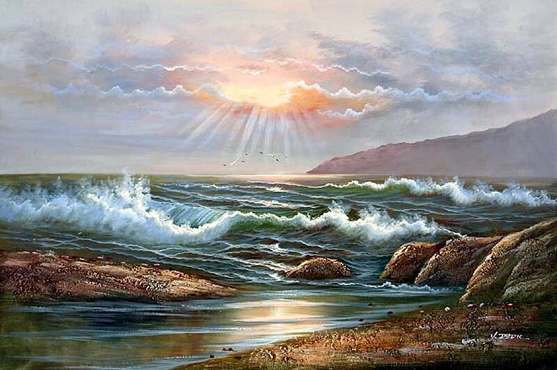 Ocean Waves at Sunset — Blue, Dramatic, Painting, Sun