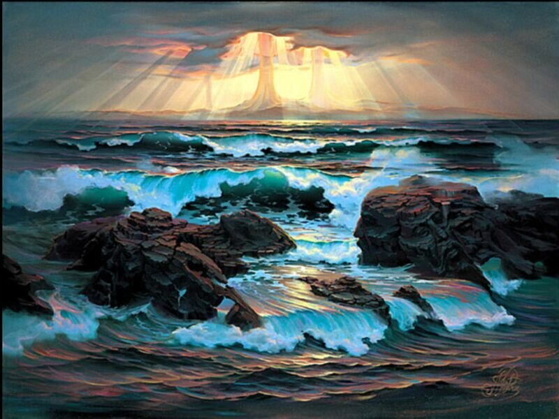 Ocean Waves at Sunset — Blue, Dramatic, Painting