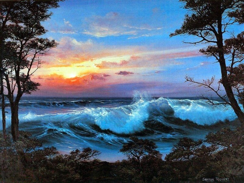Ocean Waves at Sunset — Blue, Dramatic, Painting, Trees