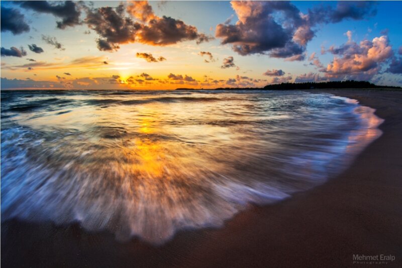 Ocean Waves at Sunset — Blue, Dramatic, Photograph, Beach, Clouds, Sun